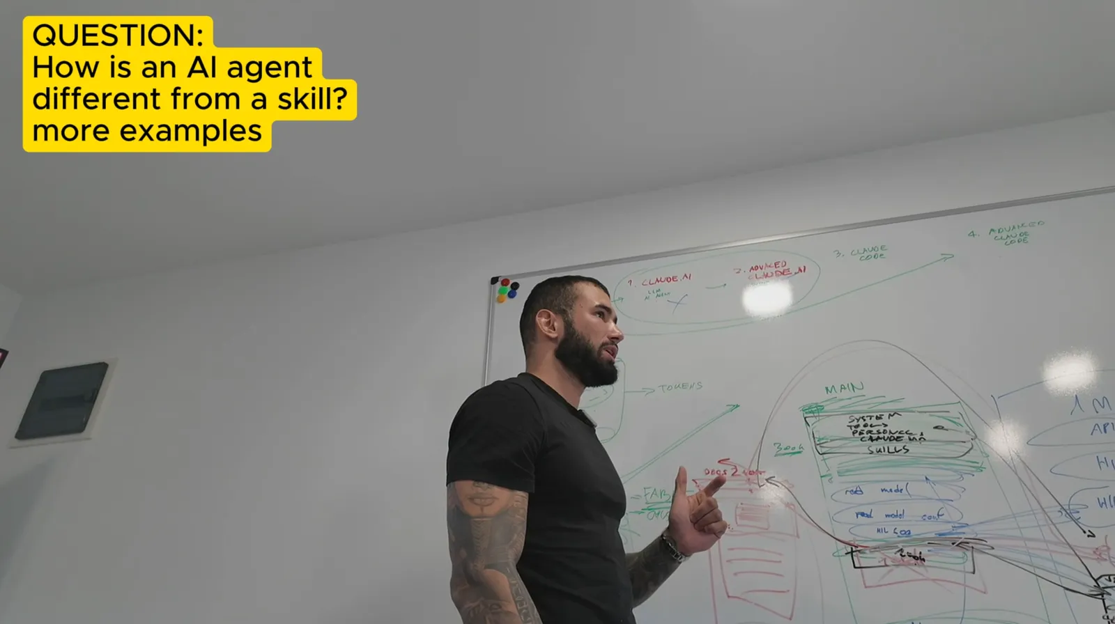 Explaining how an AI agent differs from a skill at a team training